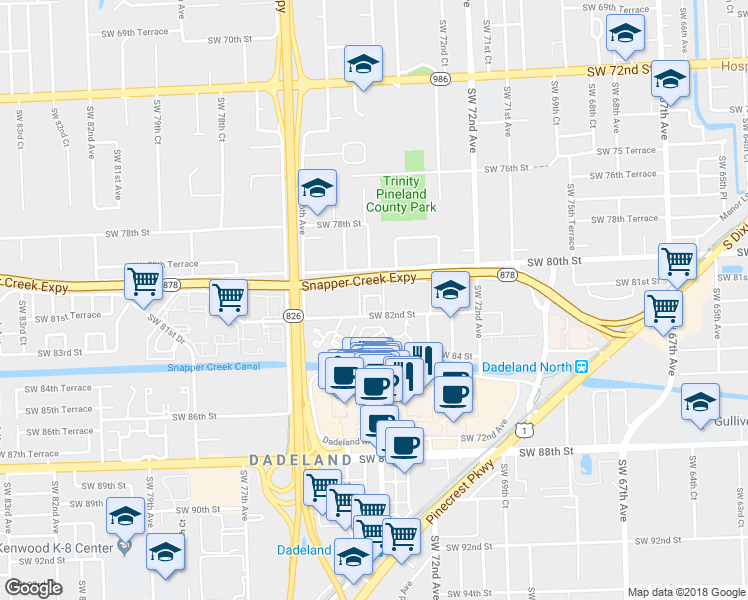 map of restaurants, bars, coffee shops, grocery stores, and more near 7487 Southwest 82nd Street in Miami