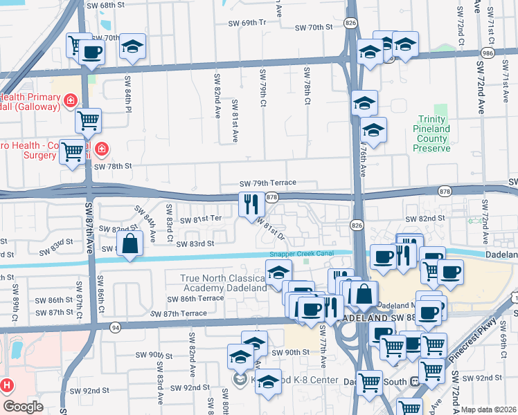 map of restaurants, bars, coffee shops, grocery stores, and more near 8074 Southwest 80th Avenue in Miami