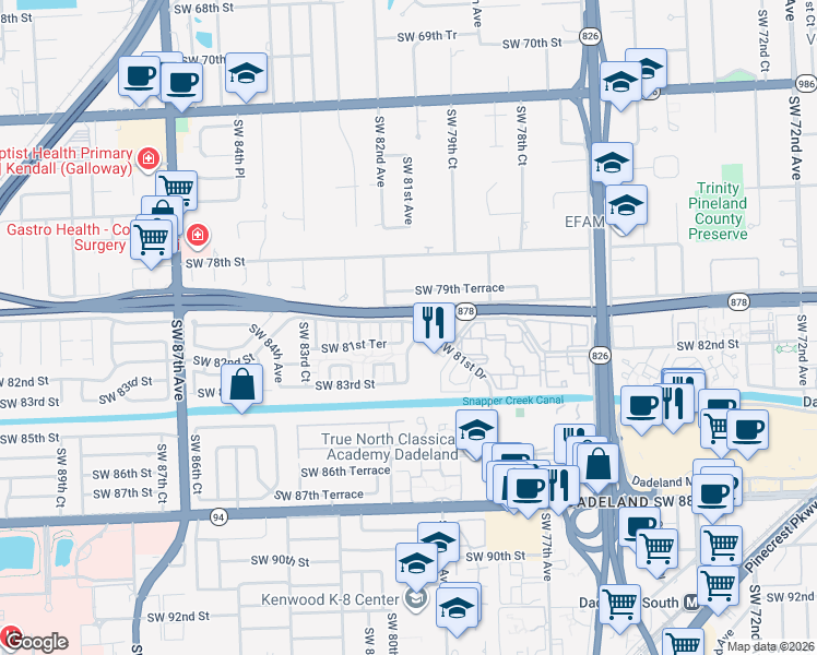 map of restaurants, bars, coffee shops, grocery stores, and more near 33 Southwest 81st Street in Miami