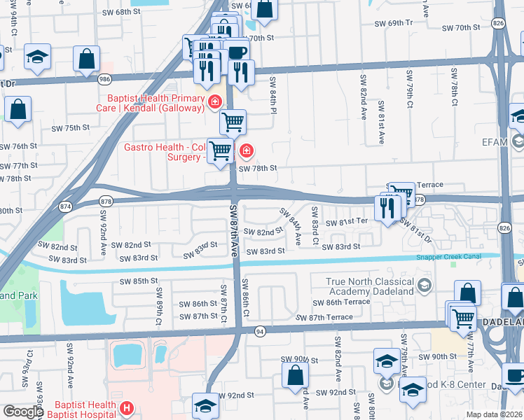 map of restaurants, bars, coffee shops, grocery stores, and more near 8525 Southwest 81st Terrace in Miami