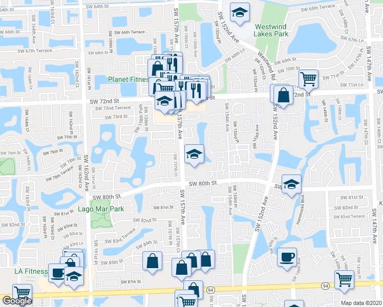 map of restaurants, bars, coffee shops, grocery stores, and more near 63 Southwest 77th Circle Drive in Miami