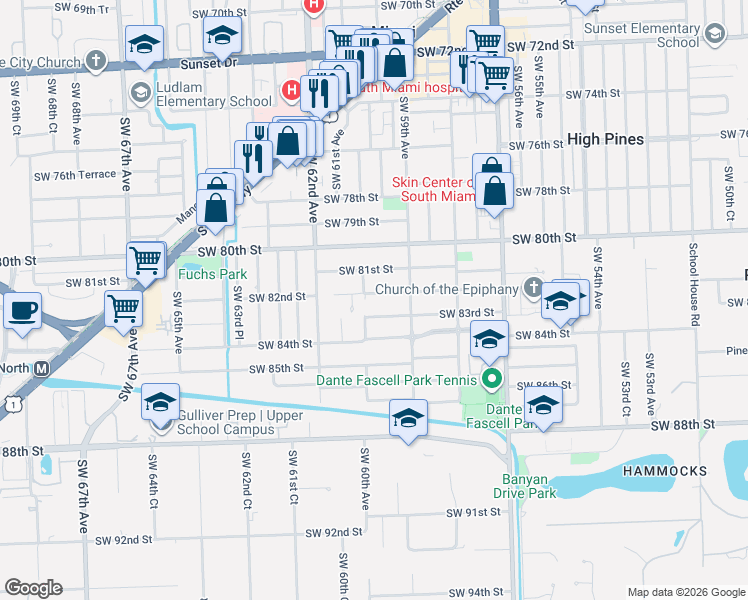map of restaurants, bars, coffee shops, grocery stores, and more near 5980 Southwest 82nd Street in Miami