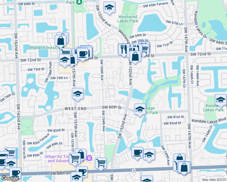 map of restaurants, bars, coffee shops, grocery stores, and more near 7611 Southwest 153rd Court in Miami