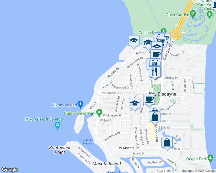 map of restaurants, bars, coffee shops, grocery stores, and more near 365 Harbor Court in Key Biscayne