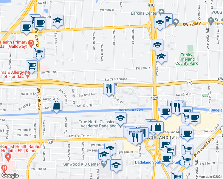 map of restaurants, bars, coffee shops, grocery stores, and more near 8074 Southwest 80th Avenue in Miami