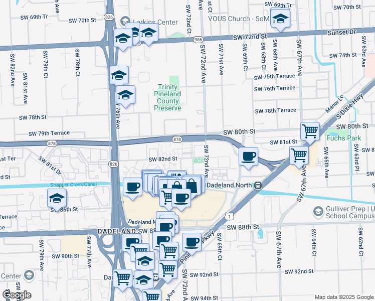 map of restaurants, bars, coffee shops, grocery stores, and more near 8101 Southwest 73rd Avenue in Miami