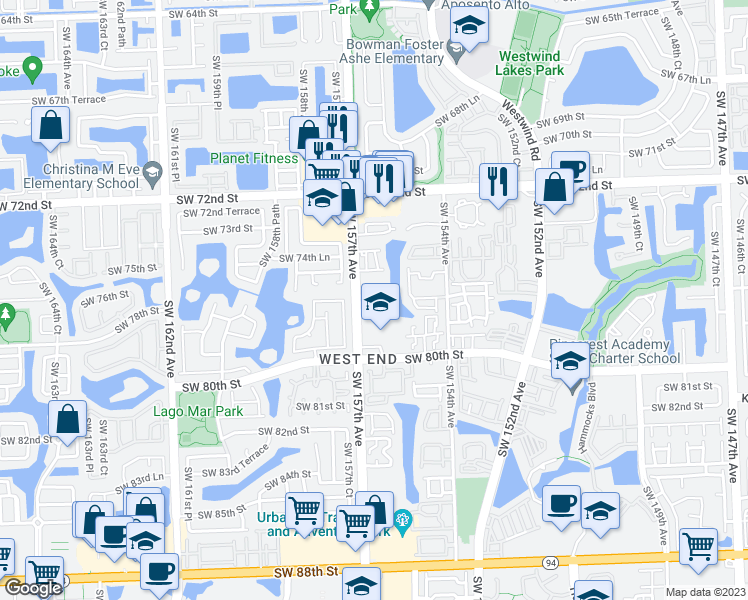 map of restaurants, bars, coffee shops, grocery stores, and more near 63 Southwest 77th Circle Drive in Miami