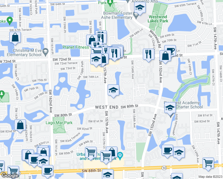 map of restaurants, bars, coffee shops, grocery stores, and more near 15570 Southwest 76th Lane in Miami