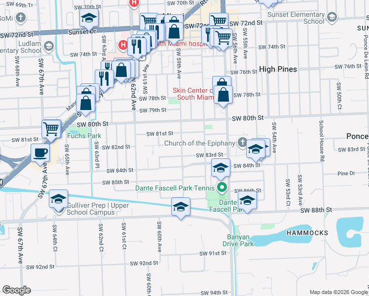 map of restaurants, bars, coffee shops, grocery stores, and more near 5890 Southwest 82nd Street in Miami