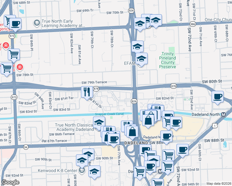 map of restaurants, bars, coffee shops, grocery stores, and more near 8103 Camino Real in Miami