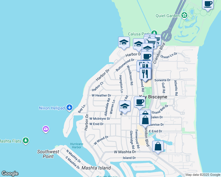 map of restaurants, bars, coffee shops, grocery stores, and more near 270 Cranwood Drive in Key Biscayne