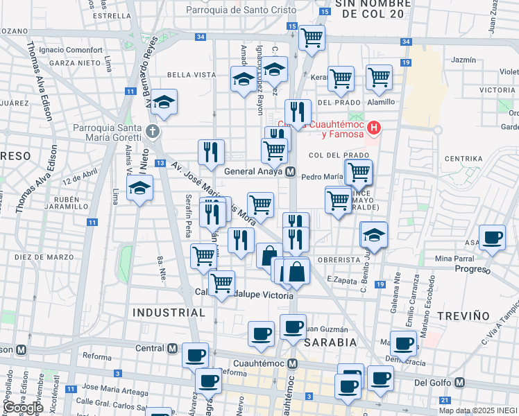 map of restaurants, bars, coffee shops, grocery stores, and more near 2202 Avenida Alfonso Reyes in Monterrey