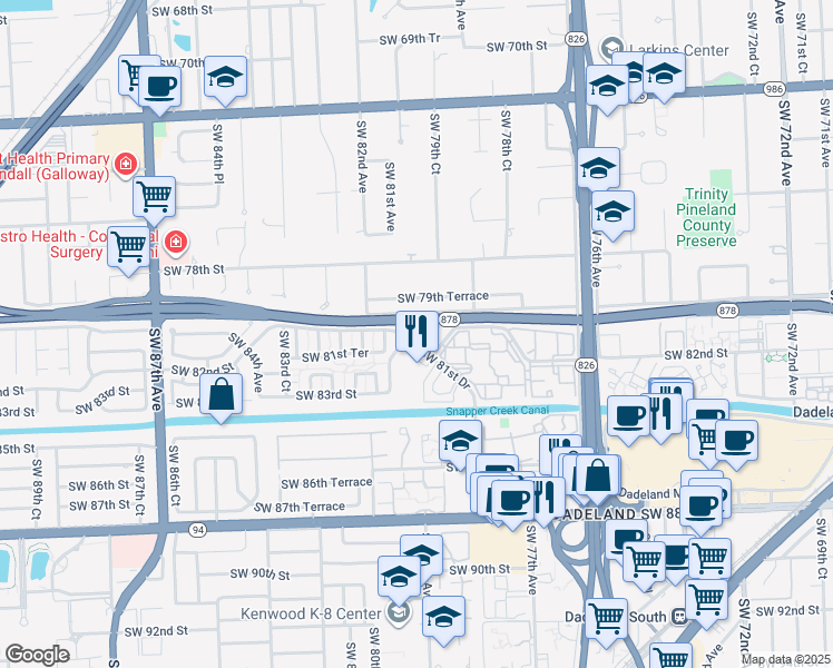 map of restaurants, bars, coffee shops, grocery stores, and more near 8074 Southwest 80th Avenue in Miami