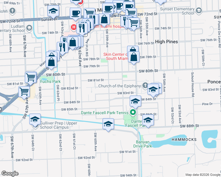 map of restaurants, bars, coffee shops, grocery stores, and more near 5890 Southwest 82nd Street in Miami