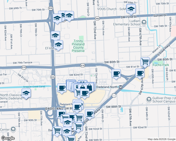 map of restaurants, bars, coffee shops, grocery stores, and more near 8046 Southwest 73rd Avenue in Miami