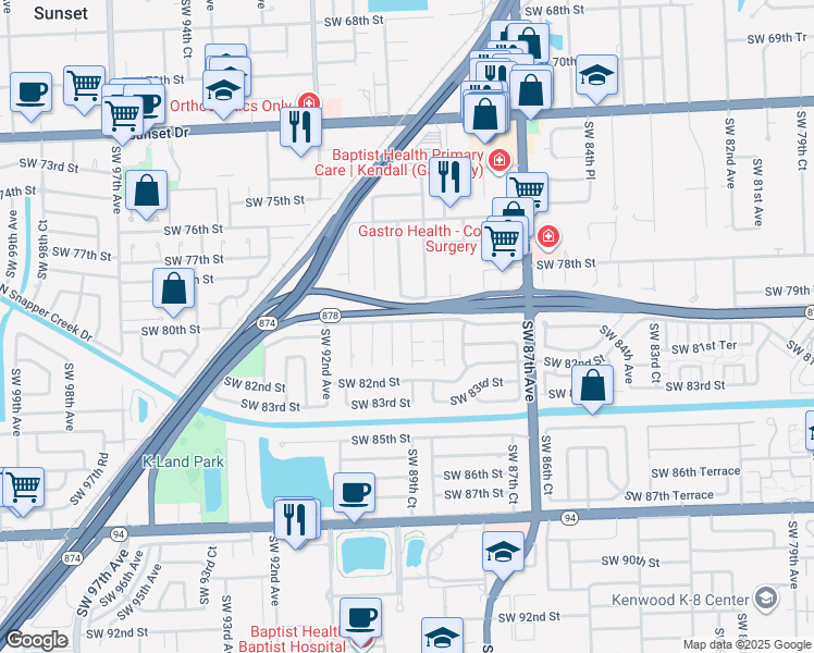 map of restaurants, bars, coffee shops, grocery stores, and more near 8000 Southwest 89th Place in Miami
