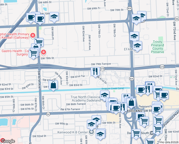 map of restaurants, bars, coffee shops, grocery stores, and more near 33 Southwest 81st Street in Miami