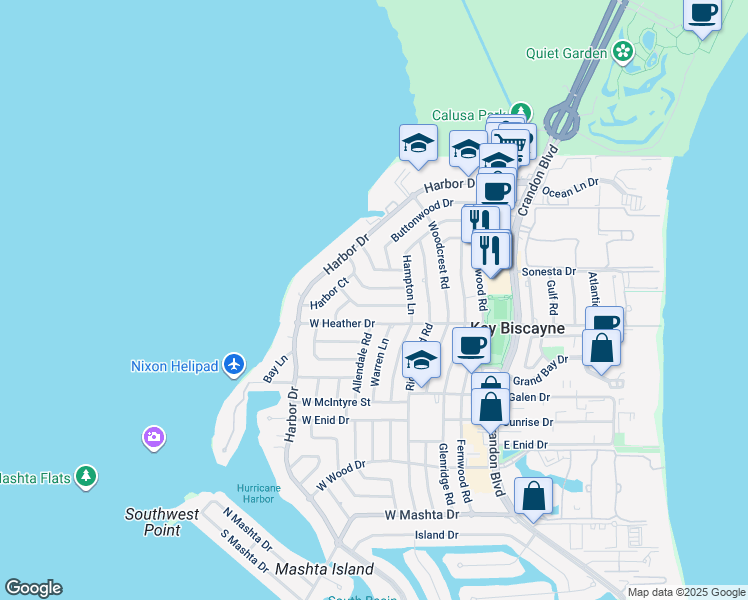 map of restaurants, bars, coffee shops, grocery stores, and more near 270 Cranwood Drive in Key Biscayne