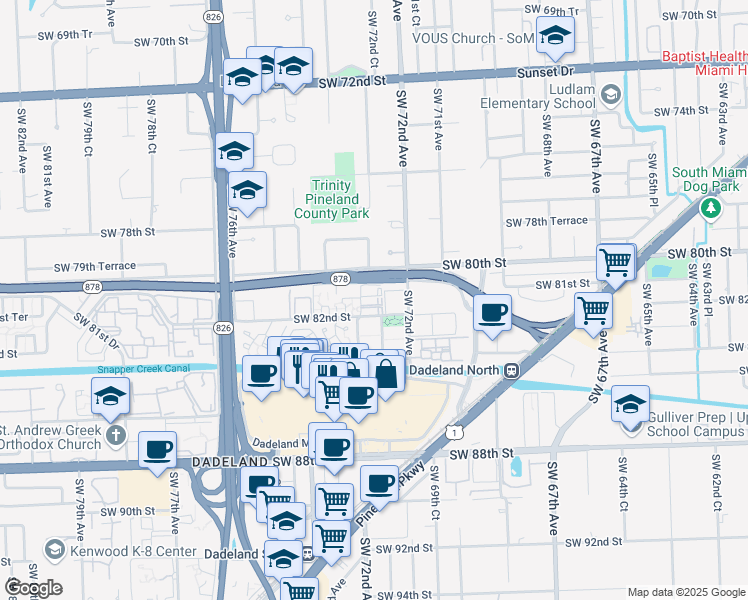 map of restaurants, bars, coffee shops, grocery stores, and more near 8046 Southwest 73rd Avenue in Miami