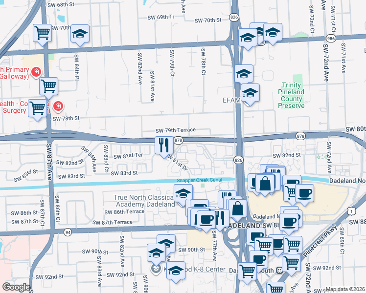 map of restaurants, bars, coffee shops, grocery stores, and more near 7920 Camino Real in Miami