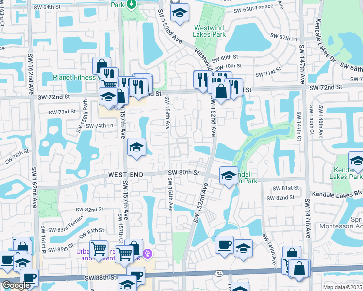 map of restaurants, bars, coffee shops, grocery stores, and more near 103 Southwest 153rd Court in Miami