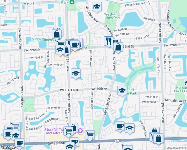 map of restaurants, bars, coffee shops, grocery stores, and more near 103 Southwest 153rd Court in Miami