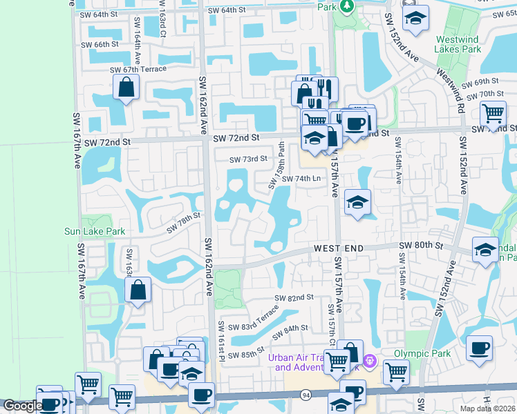 map of restaurants, bars, coffee shops, grocery stores, and more near 7668 Southwest 160th Avenue in Miami