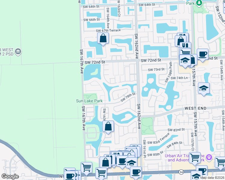 map of restaurants, bars, coffee shops, grocery stores, and more near 16373 Southwest 76th Street in Miami