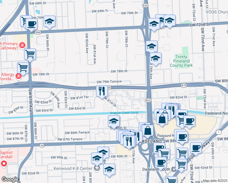 map of restaurants, bars, coffee shops, grocery stores, and more near 7920 Camino Real in Miami