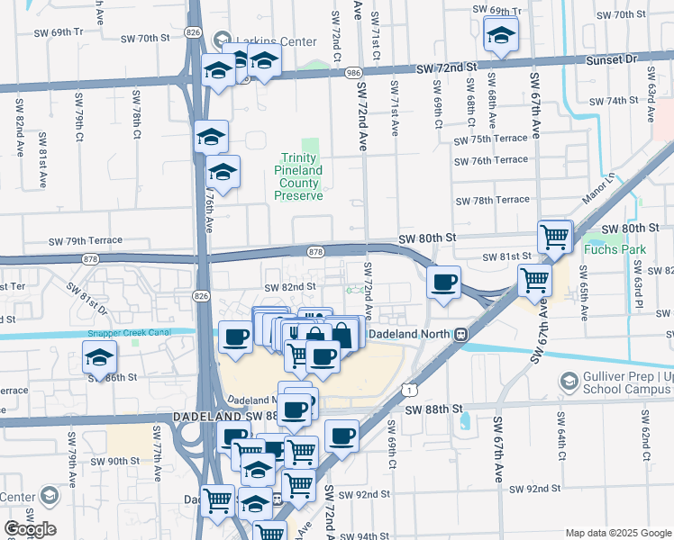 map of restaurants, bars, coffee shops, grocery stores, and more near 8046 Southwest 73rd Avenue in Miami