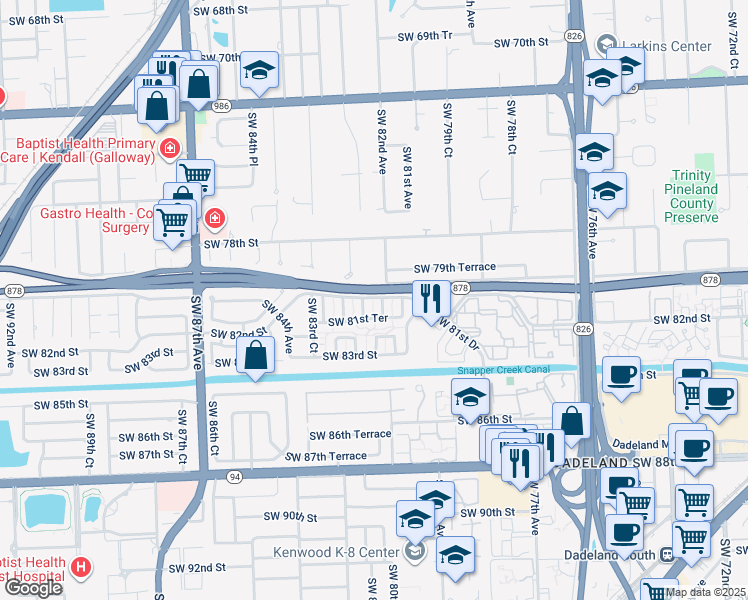 map of restaurants, bars, coffee shops, grocery stores, and more near 45 Southwest 81st Street in Miami