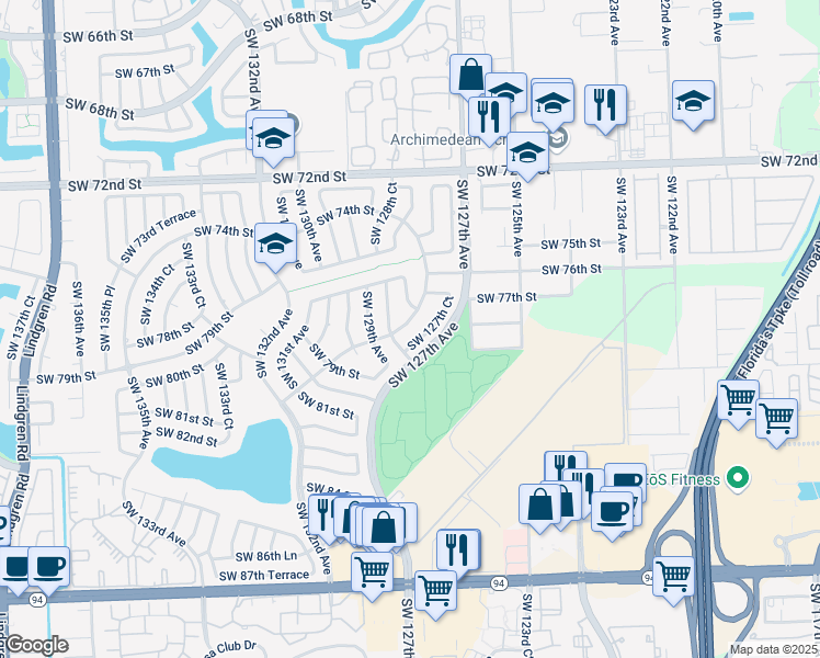 map of restaurants, bars, coffee shops, grocery stores, and more near 7800 Southwest 127th Court in Miami