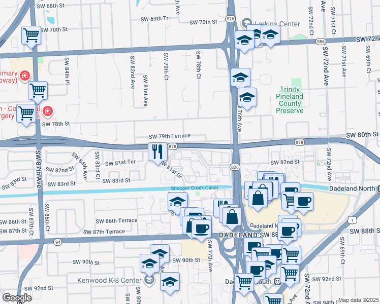 map of restaurants, bars, coffee shops, grocery stores, and more near 7860 Camino Real in Miami