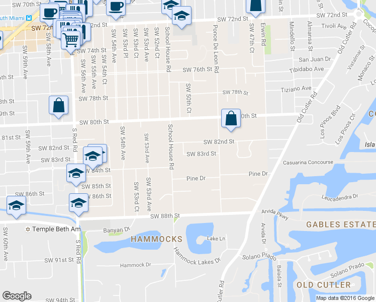 map of restaurants, bars, coffee shops, grocery stores, and more near 5055 Southwest 83rd Street in Miami