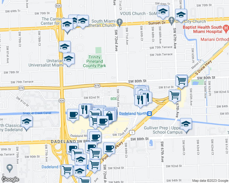 map of restaurants, bars, coffee shops, grocery stores, and more near 8110 Southwest 72nd Avenue in Miami