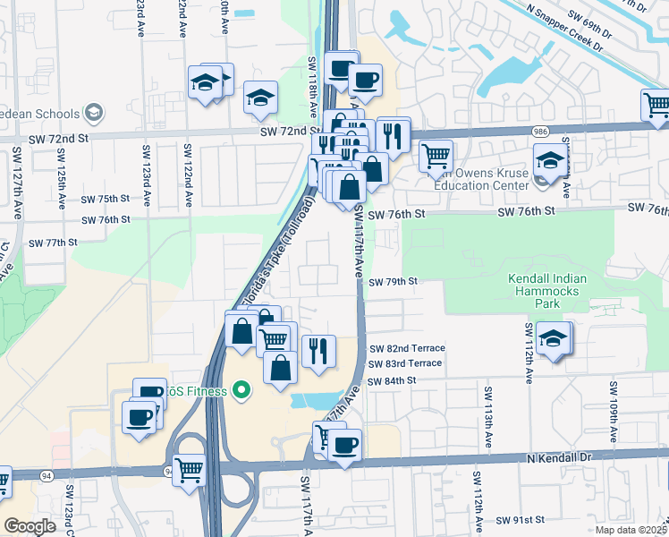map of restaurants, bars, coffee shops, grocery stores, and more near 7820 Southwest 118th Court in Miami