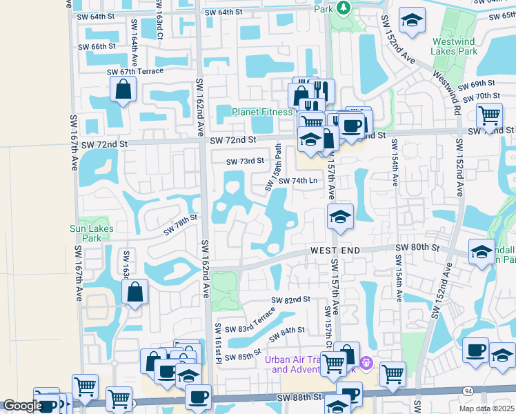 map of restaurants, bars, coffee shops, grocery stores, and more near 7668 Southwest 160th Avenue in Miami