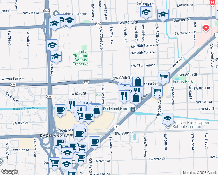map of restaurants, bars, coffee shops, grocery stores, and more near 8107 Southwest 72nd Avenue in Miami