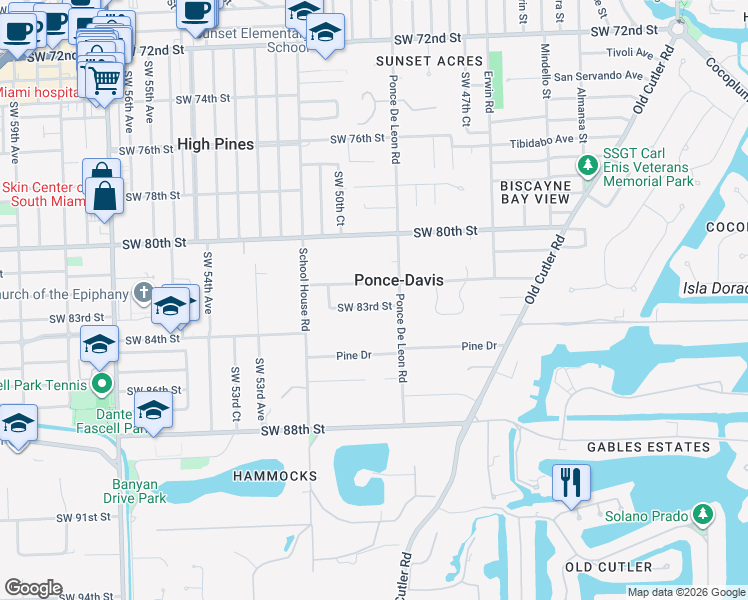 map of restaurants, bars, coffee shops, grocery stores, and more near 4955 Southwest 83rd Street in Miami