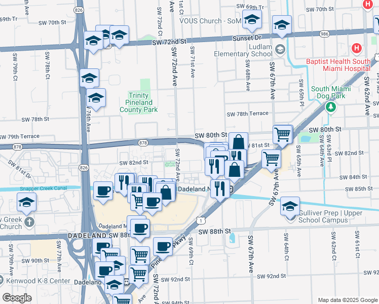 map of restaurants, bars, coffee shops, grocery stores, and more near 8101 Southwest 72nd Avenue in Miami