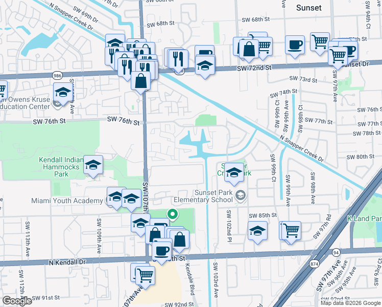 map of restaurants, bars, coffee shops, grocery stores, and more near 10468 Southwest 78th Street in Miami