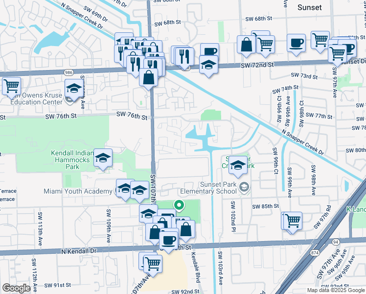 map of restaurants, bars, coffee shops, grocery stores, and more near 7871 Southwest 106th Avenue in Miami