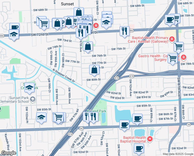 map of restaurants, bars, coffee shops, grocery stores, and more near 7931 Southwest 95th Avenue in Miami