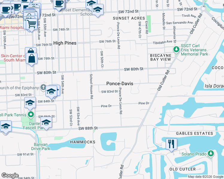 map of restaurants, bars, coffee shops, grocery stores, and more near 4955 Southwest 83rd Street in Miami