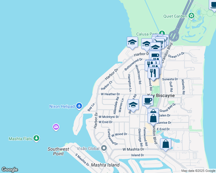 map of restaurants, bars, coffee shops, grocery stores, and more near 355 Harbor Court in Key Biscayne