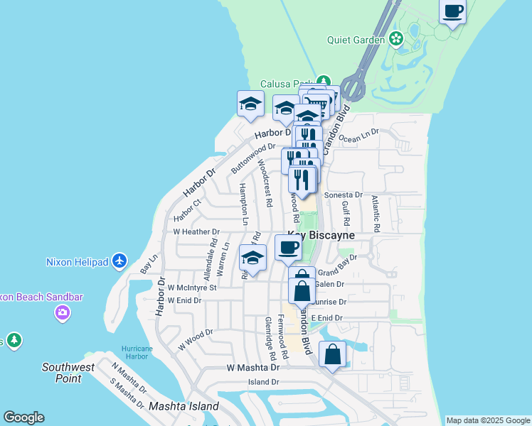 map of restaurants, bars, coffee shops, grocery stores, and more near 340 Woodcrest Road in Key Biscayne