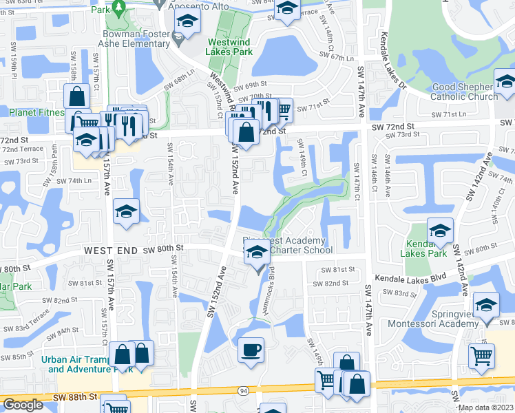 map of restaurants, bars, coffee shops, grocery stores, and more near 7585 Southwest 152nd Avenue in Miami