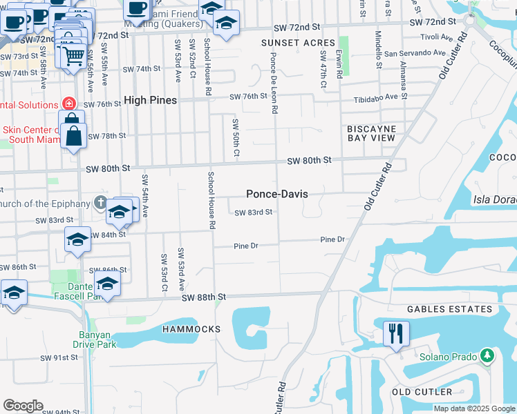 map of restaurants, bars, coffee shops, grocery stores, and more near 4955 Southwest 83rd Street in Miami