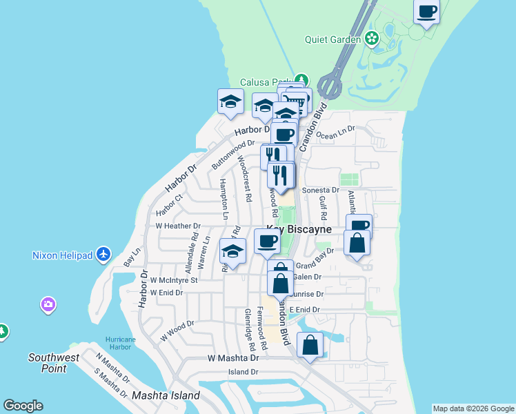 map of restaurants, bars, coffee shops, grocery stores, and more near 340 Woodcrest Road in Key Biscayne