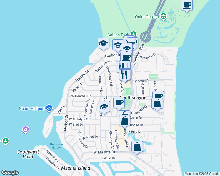 map of restaurants, bars, coffee shops, grocery stores, and more near 340 Woodcrest Road in Key Biscayne